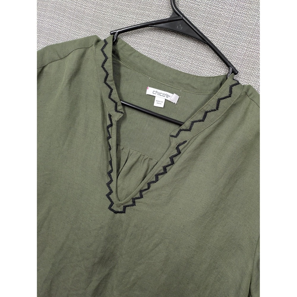 Chicos Tunic Blouse Womens 3 Green Embroidered Balloon Sleeve V Neck Boho Top